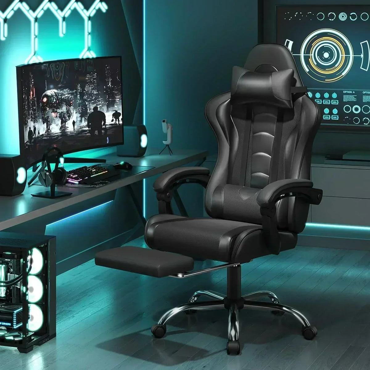 Gaming Chair with Massage Lumbar Support and Footrest Height Office Gaming Chair
