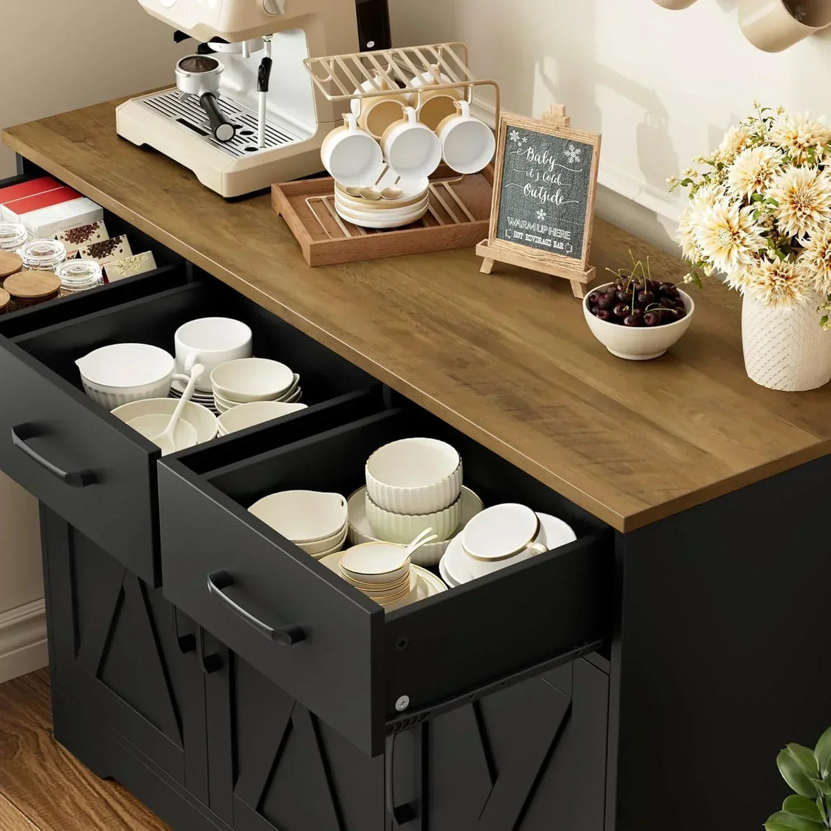 Modern farmhouse sideboard barn door buffet storage cabinet with drawers and shelves