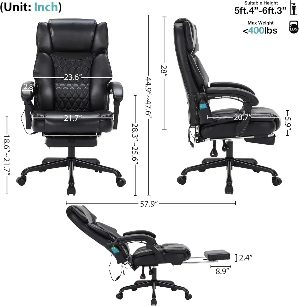 Massage Office Chair with Footrest 6 Point Vibration and Heating Home Office Desk Chair