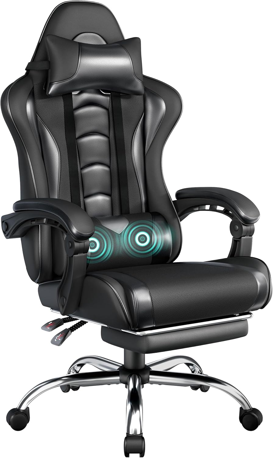 Gaming Chair with Massage Lumbar Support and Footrest Height Office Gaming Chair
