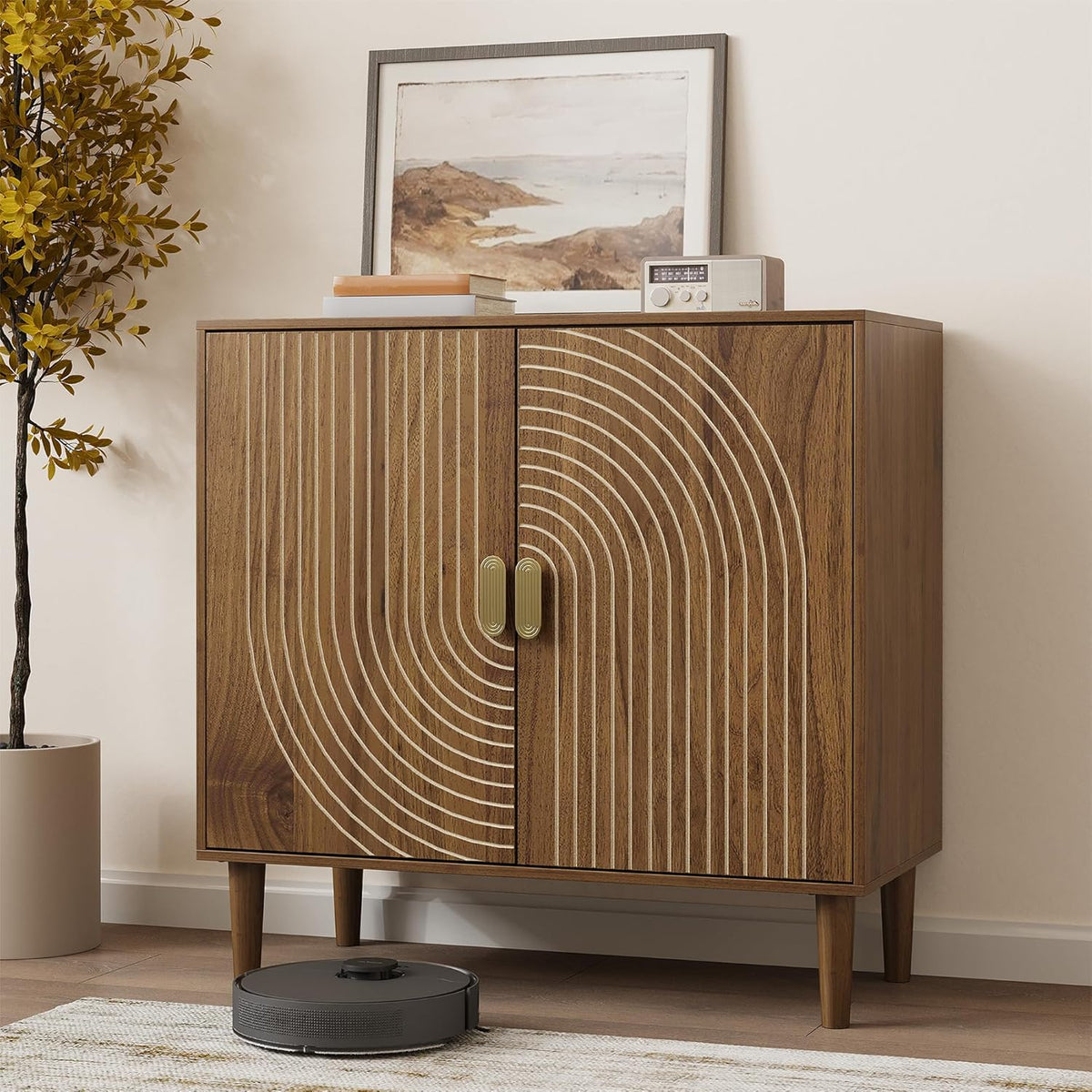 Walnut sideboard freestanding dining cabinet with cable channel design wooden storage cabinet
