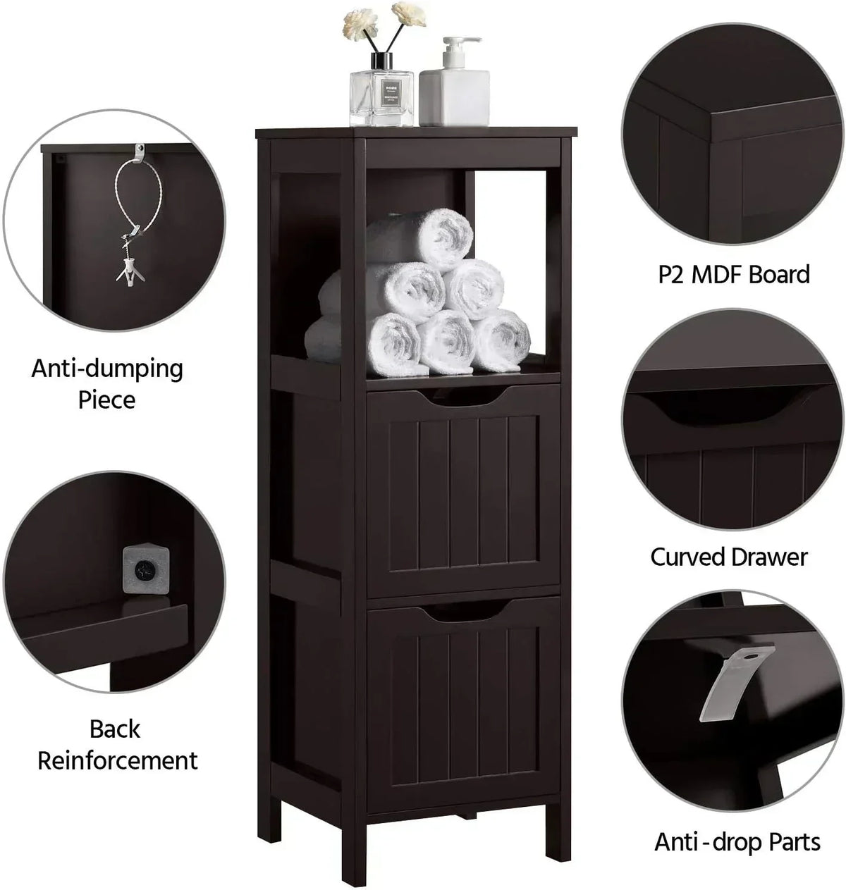 Bathroom Floor Cabinet Wooden Storage Cabinet with 2 Drawers Multifunctional Side Organizer Rack