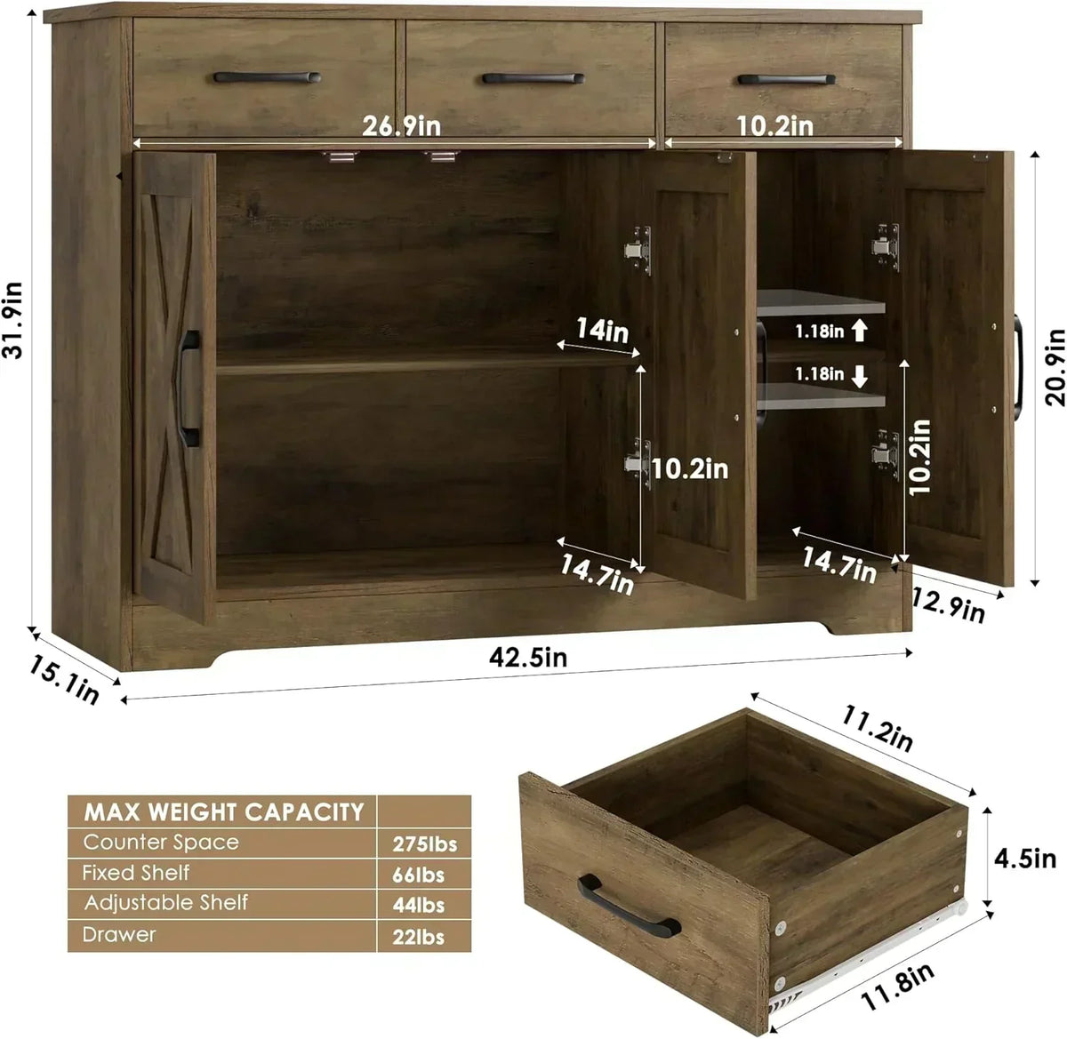 Modern farmhouse sideboard barn door buffet storage cabinet with drawers and shelves
