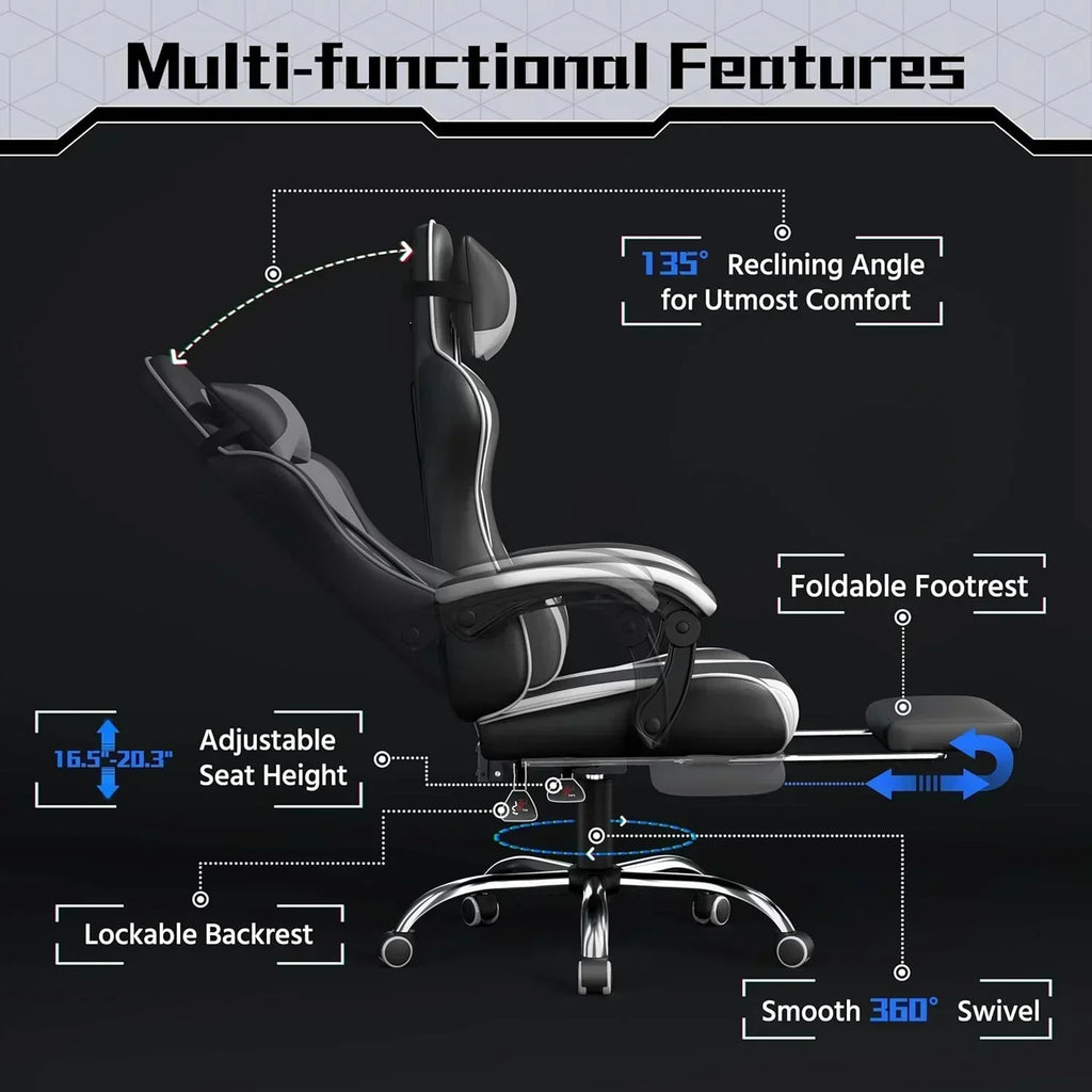 Gaming Chair with Massage Lumbar Support and Footrest Height Office Gaming Chair