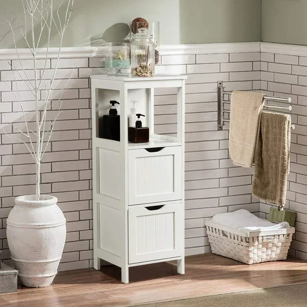 Bathroom Floor Cabinet Wooden Storage Cabinet with 2 Drawers Multifunctional Side Organizer Rack