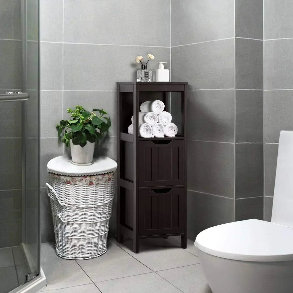 Bathroom Floor Cabinet Wooden Storage Cabinet with 2 Drawers Multifunctional Side Organizer Rack