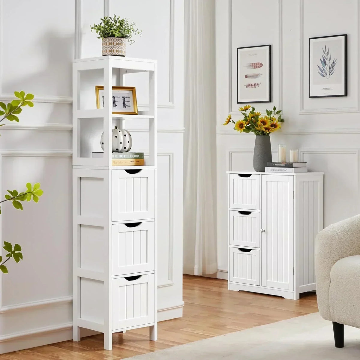 Bathroom Floor Cabinet Wooden Storage Cabinet with 2 Drawers Multifunctional Side Organizer Rack