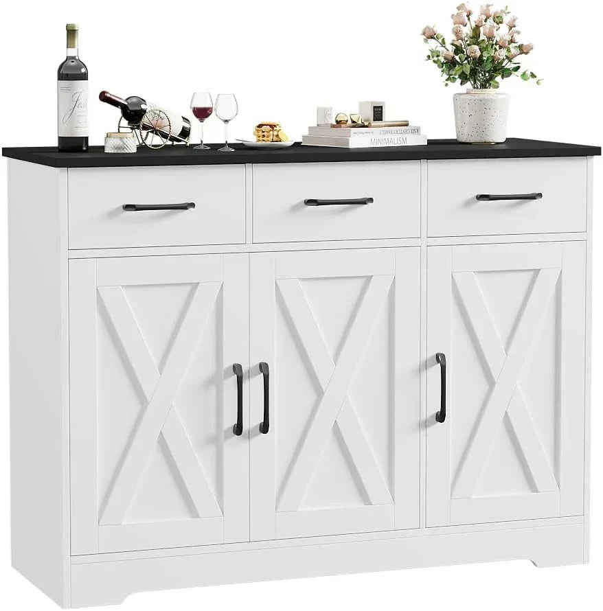 Modern farmhouse sideboard barn door buffet storage cabinet with drawers and shelves