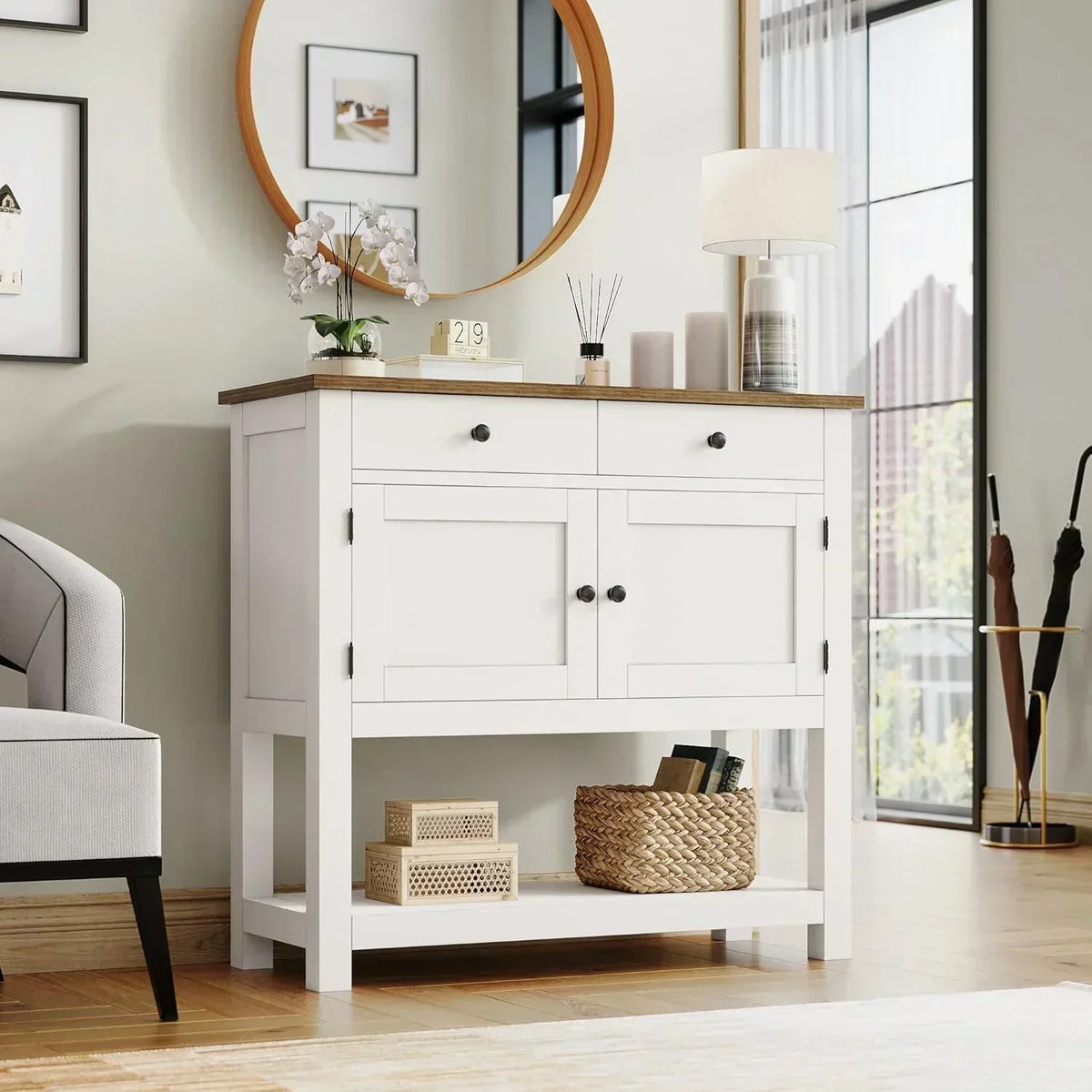 Farmhouse style console table coffee bar entry table with storage rack sofa table