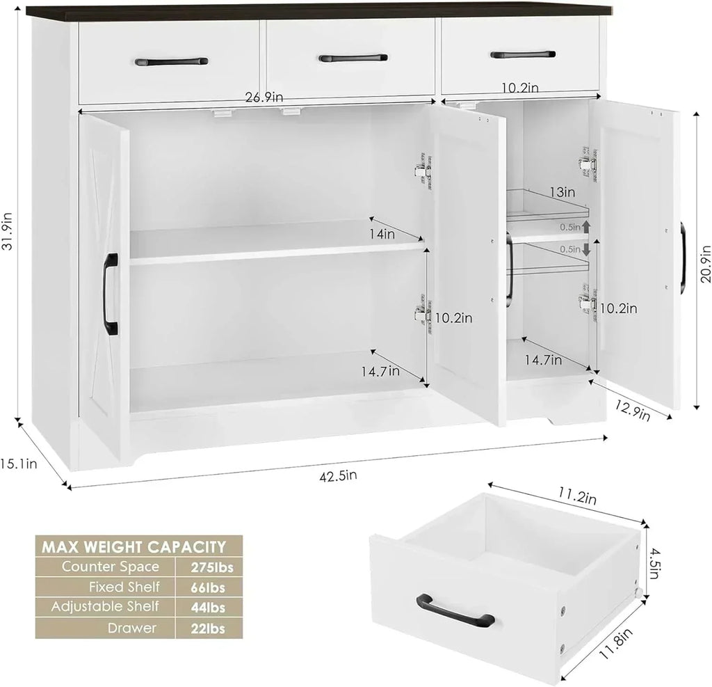 Modern farmhouse sideboard barn door buffet storage cabinet with drawers and shelves