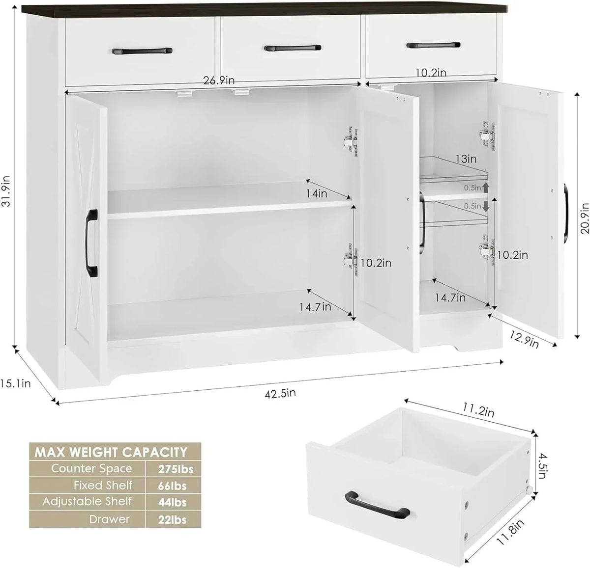 Modern farmhouse sideboard barn door buffet storage cabinet with drawers and shelves