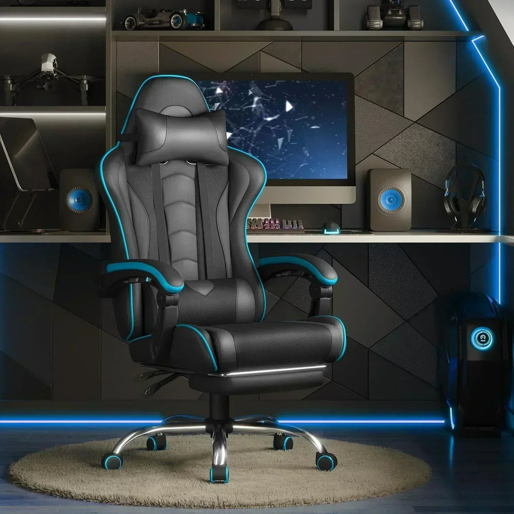 Gaming Chair with Massage Lumbar Support and Footrest Height Office Gaming Chair