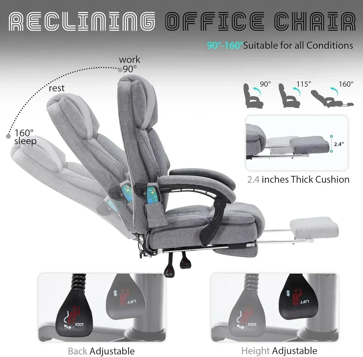 Massage Office Chair with Footrest 6 Point Vibration and Heating Home Office Desk Chair