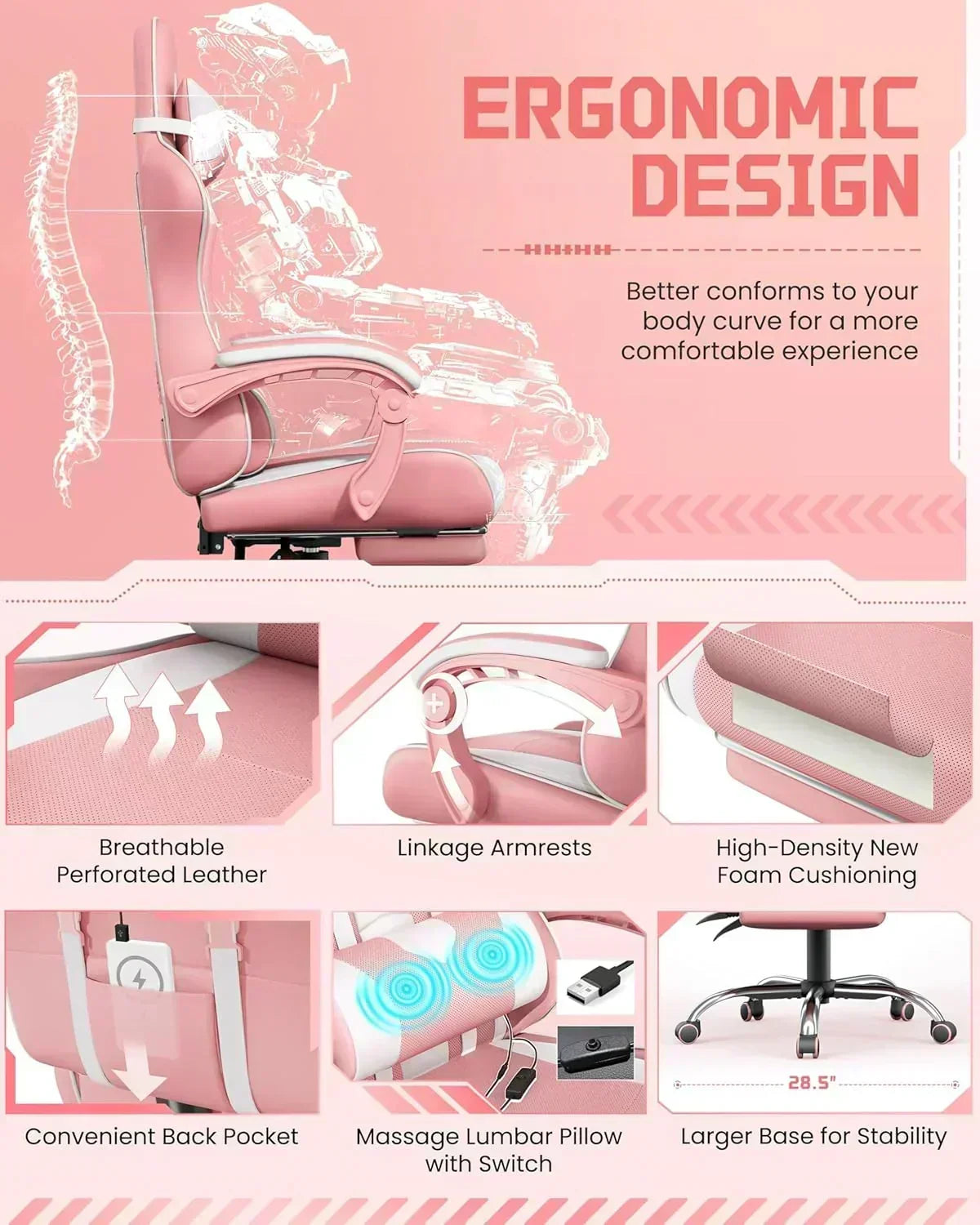 Gaming Chair with Massage Lumbar Support and Footrest Height Office Gaming Chair