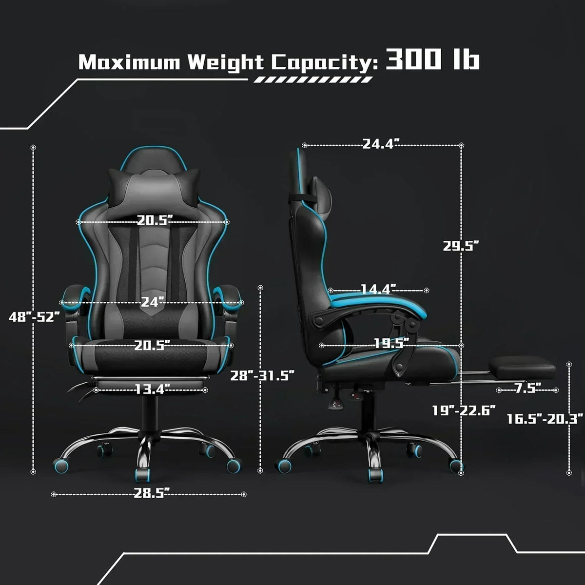 Gaming Chair with Massage Lumbar Support and Footrest Height Office Gaming Chair