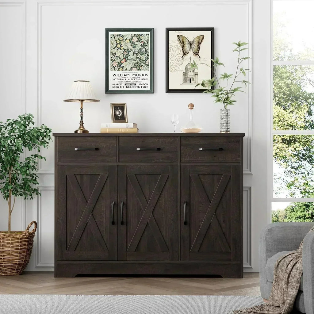 Modern farmhouse sideboard barn door buffet storage cabinet with drawers and shelves