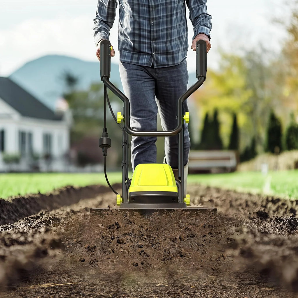 Electric Tiller, 15-Amp 18-Inch Width 9-Inch Depth Corded Tiller Cultivator 24 Durable Steel Tines Gardening Tiller with Adjustable Wheels Foldable Handle for Easy Soil Cultivation