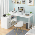 Home Office Computer Desk Corner Desk with 3 Drawers and 2 Shelves, 55 Inch Large L-Shaped Study Writing Table with Storage Cabinet - Walnut and White